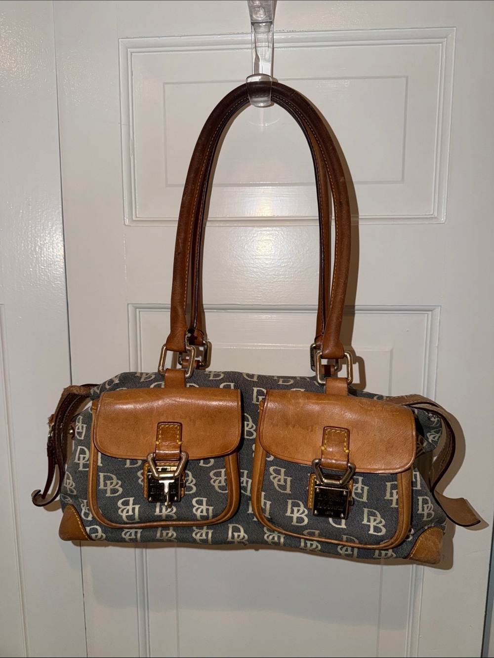 Dooney & Bourke Brown Monogram Canvas Shoulder Bag with Tan Leather Trim